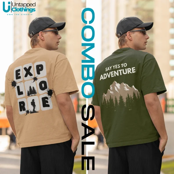 PRINTED COTTON OVERSIZED ROUND NECK T-SHIRT COMBO-PACK OF 2 (BEIGE & OLIVE )